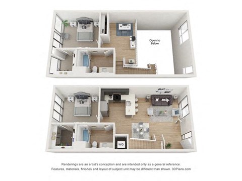 a stylized floor plan of a 1 bedroom apartment